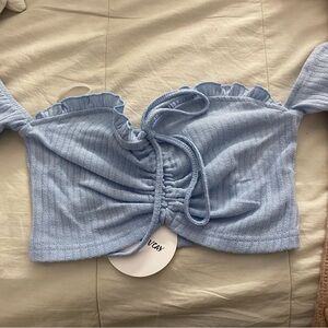 Blue Ruched Off-Shoulder Top